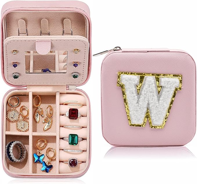 MODENGKONGJIAN Travel Jewelry Case for Women Fashion, Ring Necklace Earring Jewelry Holder Organizer Box, Small Portable Jewellery Storage, Initial W by MODENGKONGJIAN