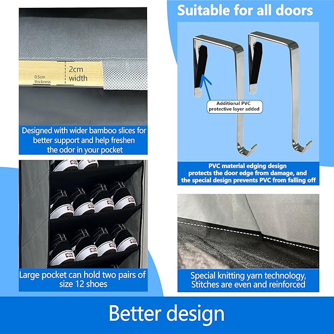 Shoe Organizer,70 Pounds Large Capacity,20-30-Pair Over The Door Shoe Organizer,10 Tiers Shoe Rack for Closet,New Upgrade Anti-Scratch Heavy Duty Hook and Bamboo Material Baffle,Grey/Black - Image 4