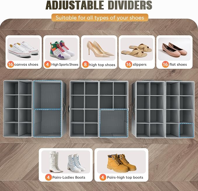 Budding Joy 2 Pack Shoe Organizer for Closet, Clear Foldable Shoe Storage Containers Adjustable Dividers Fits 16 Pairs,Shoe Storage Bins Baskets Boxes with Reinforced Handles Light grey - Image 2