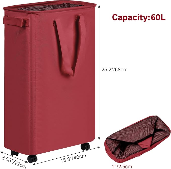 efluky Slim Laundry Hamper with Wheels, Rolling Laundry Basket for Clothes, Small Laundry Basket for Bedroom, Dorm and Laundry Room, 60L (12.7 Gallons) Burgundy Red - Image 2