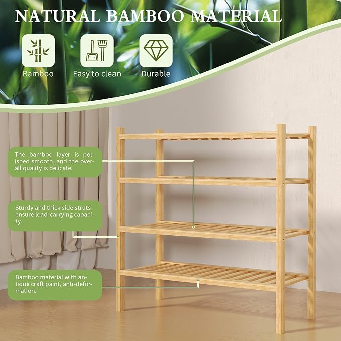ROMGUAR CRAFT 4 Tier (Thick) Bamboo Shoe Rack for Closet Free Standing Wood Shoe Shelf for Entryway Small Space Stackable 27"x12"x28" (Natural) - Image 5