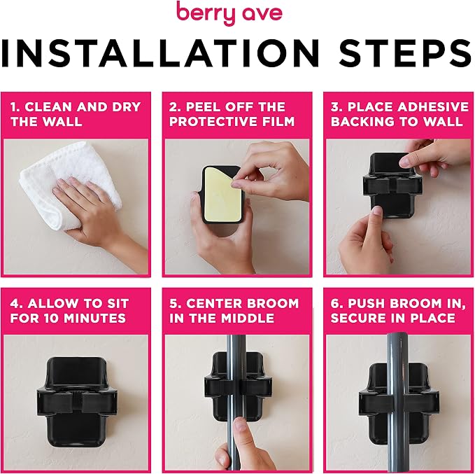 Combo 5 Slot Broom Holder w/ 1 Self Adhesive Mop Gripper No-Drilling, Wall Mount Tool Organizers For Kitchen, Garage, Laundry Room- Anti-Slip Hanger For Brooms, Mops, Rakes, Dustpans (Black / Black) - Image 6