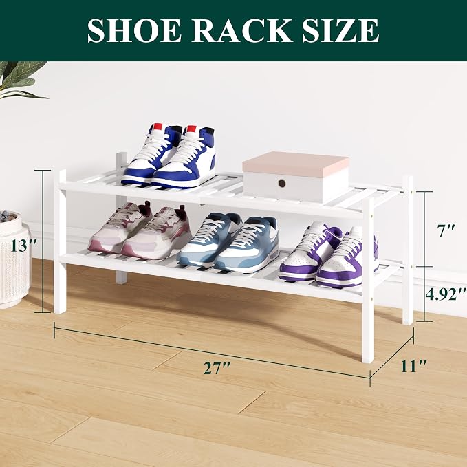 Smiry Bamboo Shoe Rack for Closet, 2 Tier Wooden Stackable Shoe Organizer, Free Standing Shoes Storage Shelf for Entryway, Front Door Entrance, White - Image 2