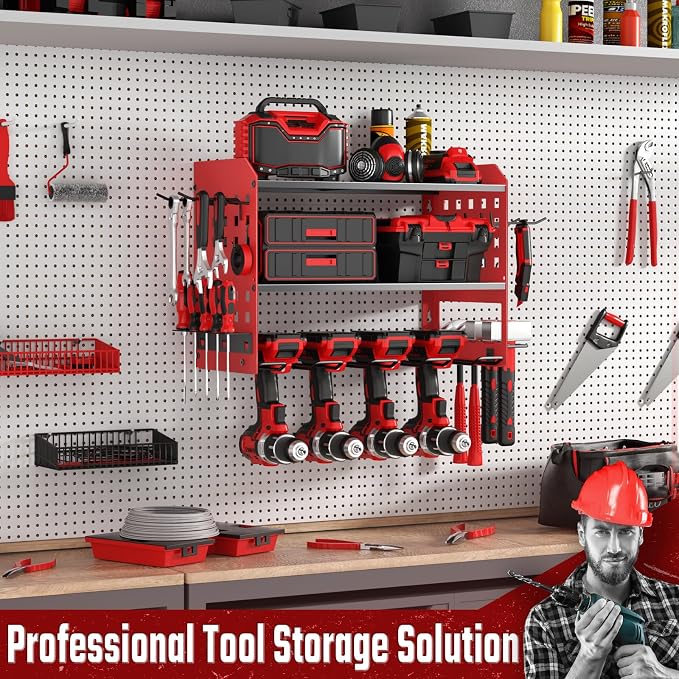 SUNALLY Power Tool Organizer, Heavy Duty Wall Mount Tool Organizer 3 Layers with 4 Drill Holders, Garage Tools Storage Rack with 2 Side Pegboards and Hooks for Workshop, Shed, Red - Image 7