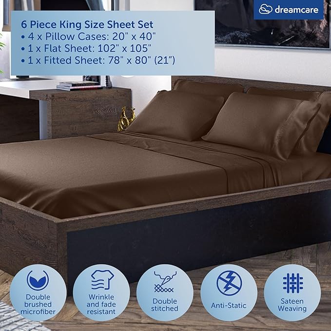 DREAMCARE King Size Sheets Set - 6 pcs Breathable Cooling Bed Sheets - up to 21" Extra Deep Pocket King Sheet Set with Side Pockets -Extra Soft 100% Brushed Hypoallergenic Hotel Luxury Bedding M-Brown