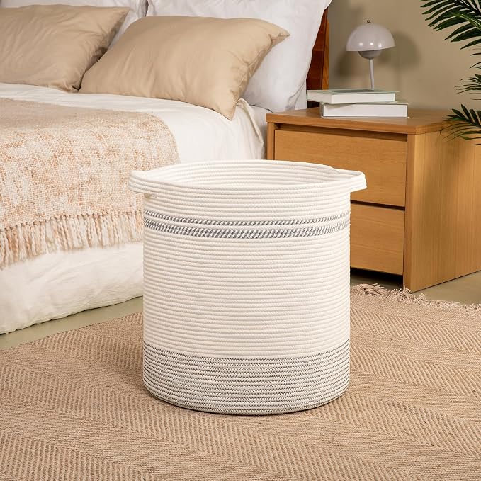OIAHOMY 80L Laundry Basket, Laundry Hamper, Cotton Rope Storage Basket with Handles, Decorative Woven Basket for Living Room,Storage Baskets for Clothes, Blankets, and Toys -20''×18'', White&Gray - Image 2