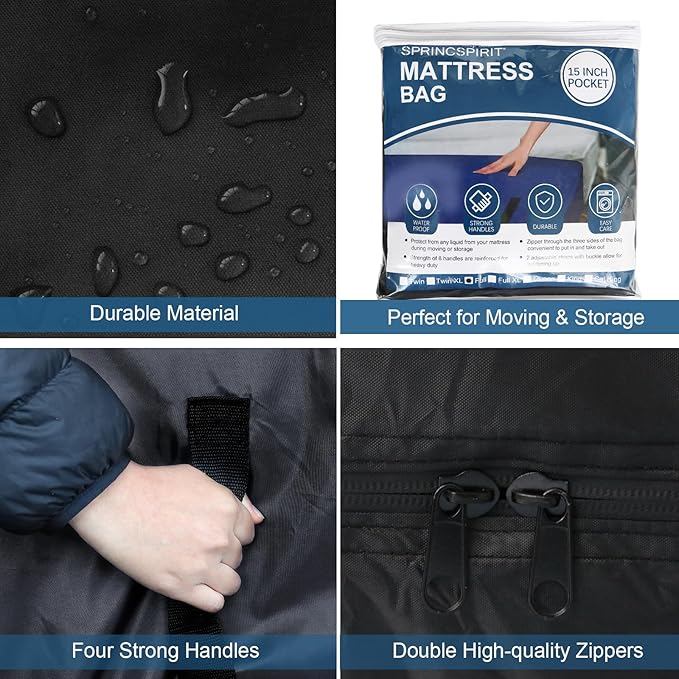 Mattress Bags for Moving and Storage, Heavy Duty Queen Mattress Bag with 4 Strong Handles, 100% Waterproof Mattress Cover/Protector for Moving Queen Size 2 Pack, Reusable Thick Tarp, Black