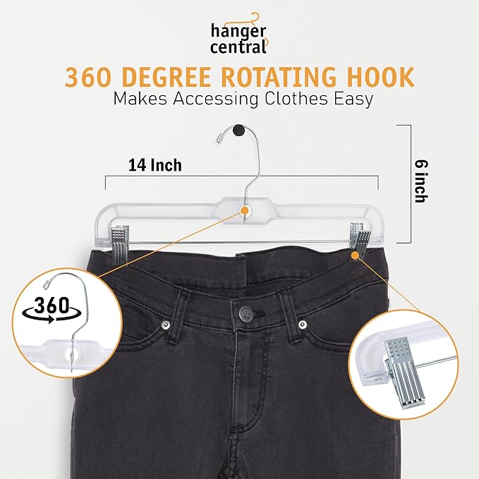 Hanger Central Premium 14 Inch Clear Pants Hangers with Adjustable Clips - 25 Pack Space-Saving Skirt Hangers - Non-Slip Heavy Duty Plastic Closet Organizers with 360° Swivel Hook - Image 6