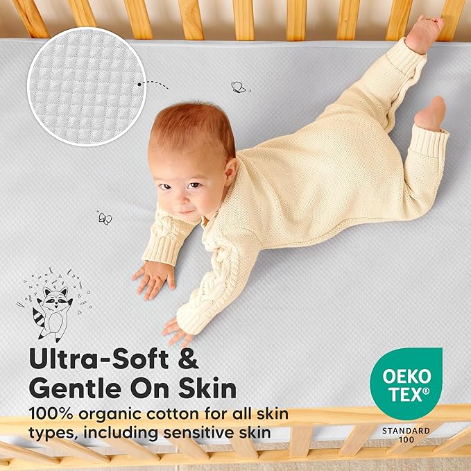 2-Pack Waterproof Crib Mattress Protector Cover Fitted - Quiet Baby Crib Mattress Pad Sheets, 52" x 28" Soft Quilted Cotton Baby Sheet, Machine Washable, Easy Fit, Durable (Pearl Gray/Quin)