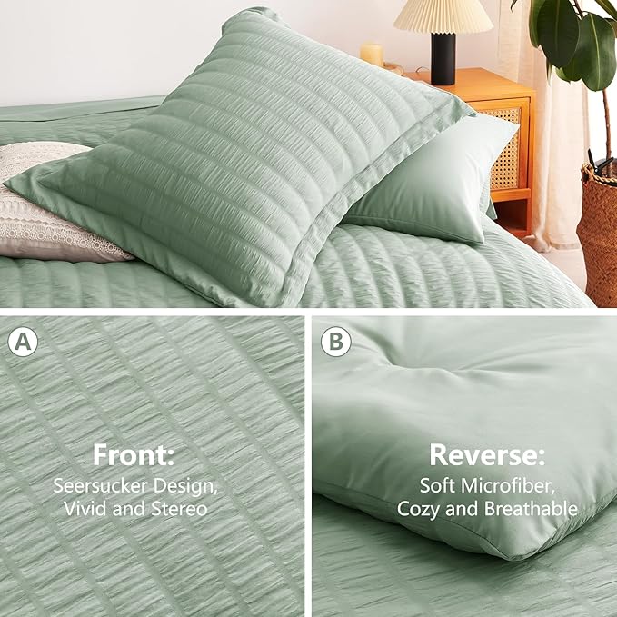 CozyLux Full Size Comforter Sets with Sheets 7 Pieces, Sage Green Seersucker Bed in a Bag Textured Luxury Soft Bedding Sets with Down Alternative Comforter, Sheets, Pillowcases & Shams for All Seasons