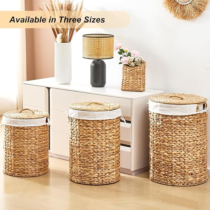 Round Water Hyacinth Laundry Hamper with Lid Handwoven Wicker Basket with Handles for Dirty Clothes, Storage, and Organization, No Assembly Required, 40L - Image 8