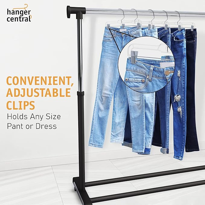 Hanger Central Premium 14 Inch Clear Pants Hangers with Adjustable Clips - 25 Pack Space-Saving Skirt Hangers - Non-Slip Heavy Duty Plastic Closet Organizers with 360° Swivel Hook - Image 4