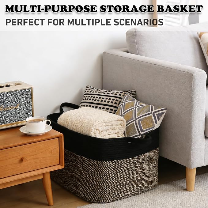 96L Large Blanket Basket,24"x16"x15"Rectangle Storage Bin with Handles,Woven Rope Laundry Basket for Toys, Clothes,Magazines,Home Organization,Nursery,Living Room & Bedroom,Black&Jute - Image 6