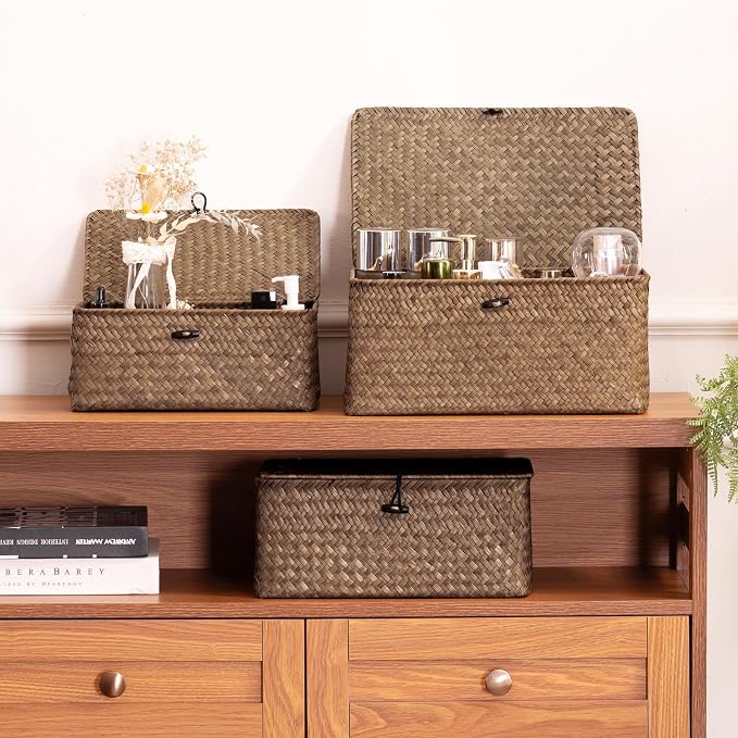 Nonam Seagrass Storage Baskets with Lid Set of 3,Wicker Basket Storage Bin for Shelves,Rectangular,Boho Decor,Handwoven Shelf Basket for Organizing-Storage Container Box for Home Organization-Coffee - Image 6