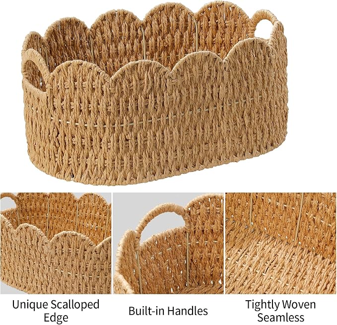 Coeusy Paper Rope Scalloped Basket Set of 2,Woven Storage Baskets for Shelves,Laundry,Towels,Clothes,Books,Toys,Cute Decor Baskets for Organizing,Natural Color - Image 6