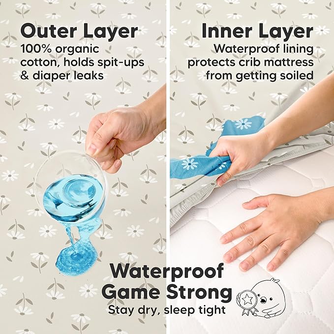 2-Pack Waterproof Crib Sheets for Boys, Girls - 52x28 Fitted Organic Cotton Baby Crib Sheets, Toddler Mattress Protector Cover, Washable, Soft & Durable Baby Bedding Essentials (Daisies)