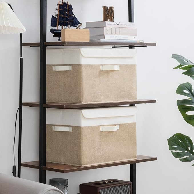 GRANNY SAYS Storage Boxes with Lids, Decorative Storage Bins, Shelf Baskets, Clothes Storage and Organization, White/Khaki, 2-Pack - Image 2