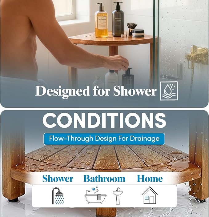 AquaTeak 12" Kai-Petite Teak Corner Shelf Stand - Shower Stand with 3 Tier Shelf for Bathroom - Durable Water Resistant Shower Organizer - Space-Saving Storage Shelves with Anti-Slip Feet - Image 5
