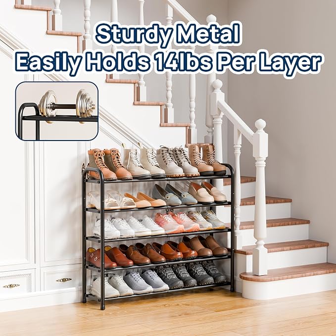 ENJOYBASICS 5 Tier Expandable Shoe Rack for Closet, Free Standing Metal Shoe Shelf Storage Organizer Holder 20 Pairs, Adjustable Width Shoe Rack for Entryway Small Space, Black - Image 4