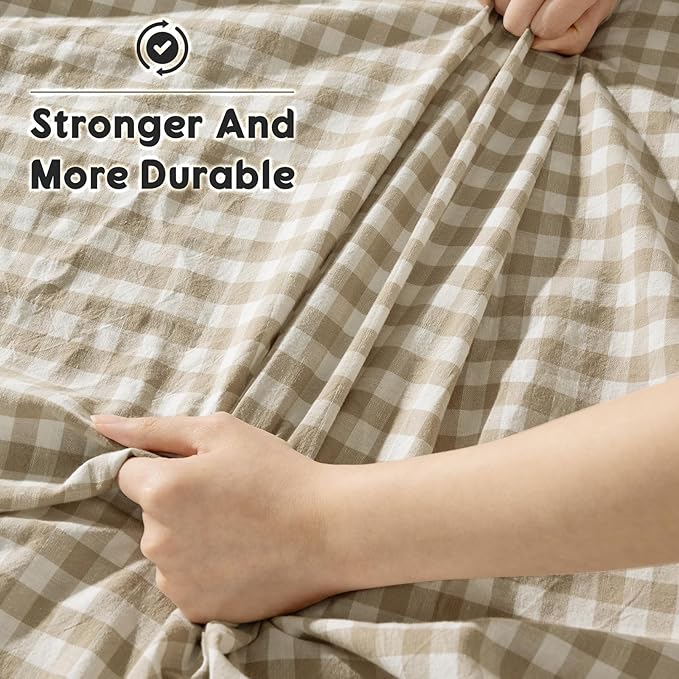 SONORO KATE 100% French Pure Linen Sheets, Breathable and Durable Linen King Size Sheets, Anti-Tear Bed Sheets, Machine Washable, 16 Inch Deep Pocket - 4 Piece (Linen & White Plaid)