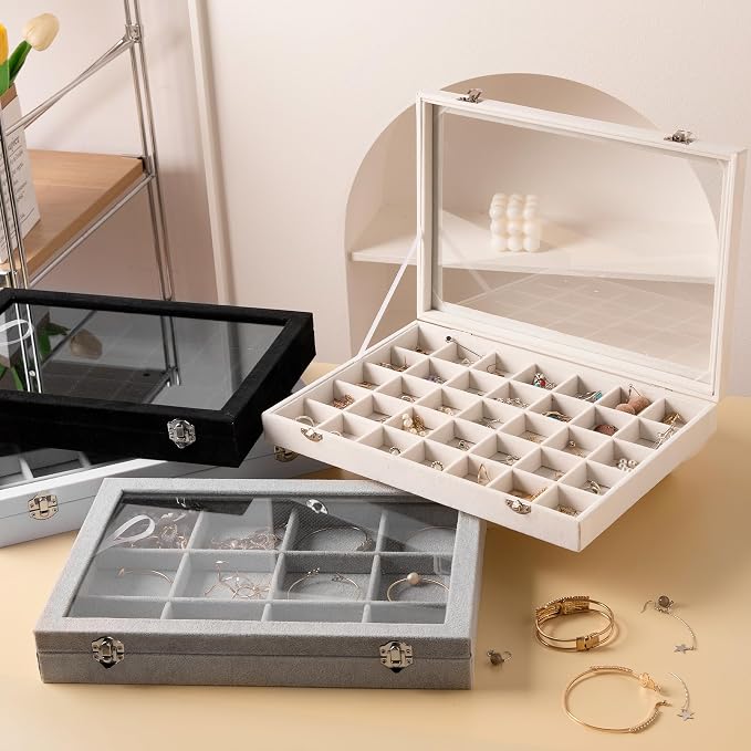 Frebeauty Velvet Jewelry Tray,24 Grid Jewelry Organizer with Clear Lid,Earring Holder Organizer with Clasp,Drawer Insert Rings Pendants Brooches,13.8 x 9.5 x 2 Inches,Gift for Women Girls(White) - Image 7