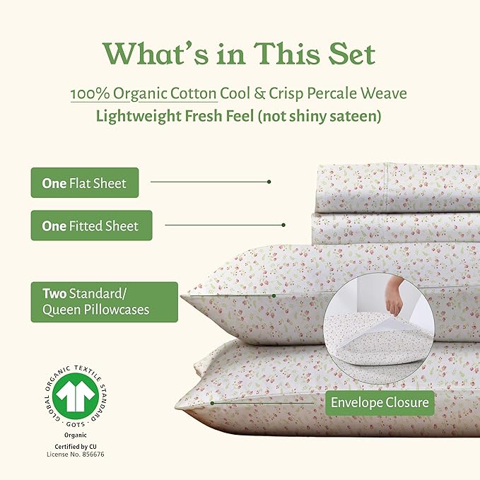 California Design Den Full Sheet Set Floral, 100% Organic Cotton Percale Sheets, Deep Pocket Full Sheets & Pillowcase Set - Floral