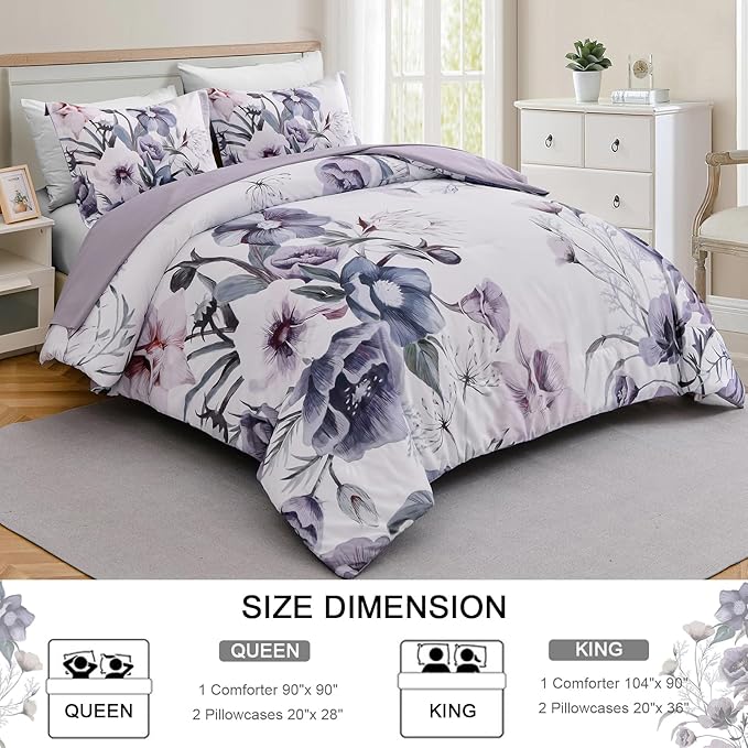 Drucon Floral Comforter Set King Size 3 Piece Purple Floral Bed in a Bag, Soft Microfiber Bedding Set for All Season (Purple, 104"x90")