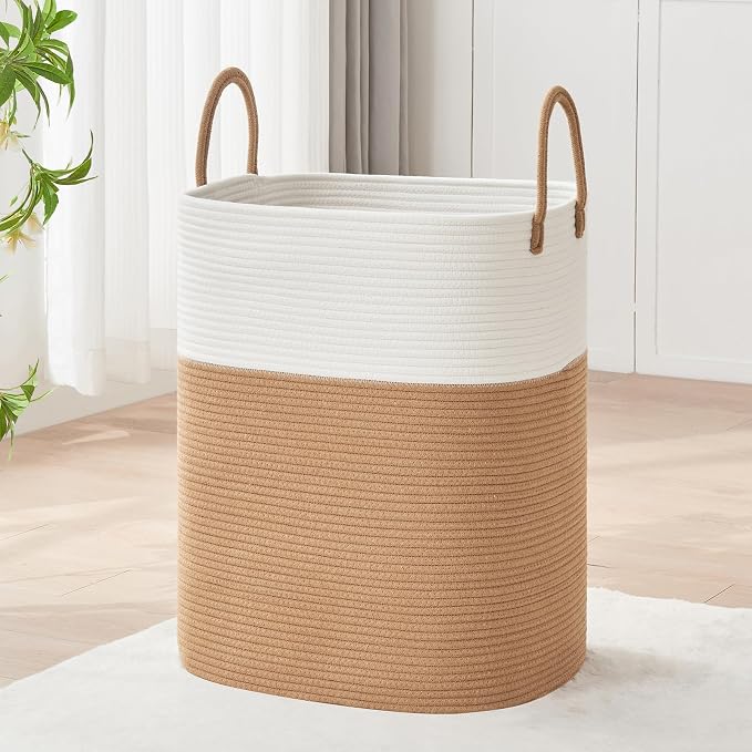 AINUOQI Laundry Basket with Handles - Blanket Basket & Hampers for Bedroom Aesthetic, Laundry Hamper & Blanket Storage for Living Room, Clothes Hamper, Tall, Large 17" x 14" x 22”, White & Jute by AINUOQI