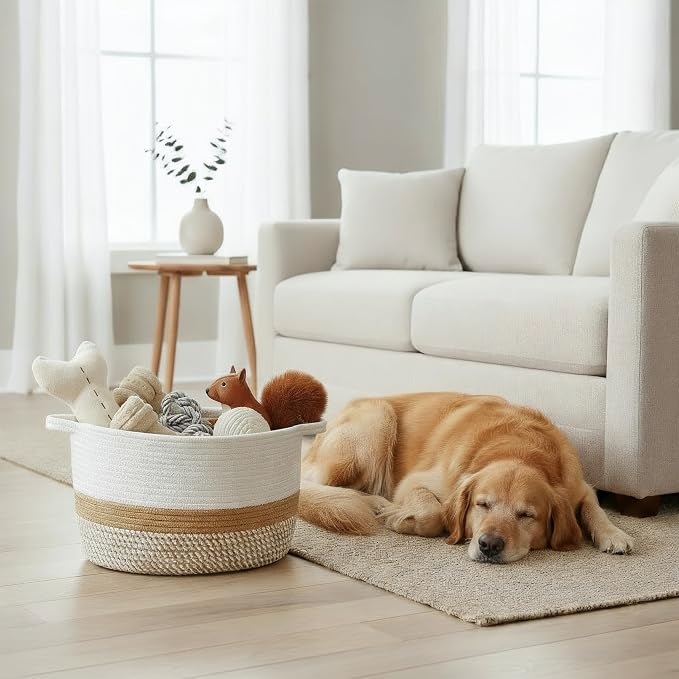 Stylish Cotton Rope Storage Basket For Dog Toys, Magazines or Books - The Perfect Woven Bin with Handles For Everyday Organization Reduces Clutter in Your Rooms - A Decorative Gift & Storage Box - Image 3