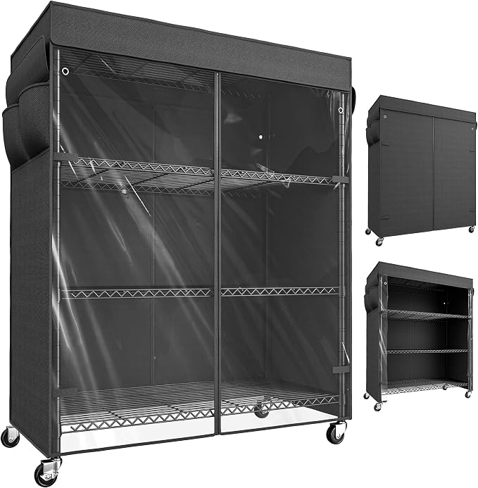 REIBII 4-Tier Storage Shelves Wire Shelving Unit with Cover & Wheels, Heavy Duty Metal Shelving for Dorm Storage Shelves, Garage Storage Rack Commercial Shelf, Pantry, Kitchen, 36" W*14.3" D*56.5" H by REIBII