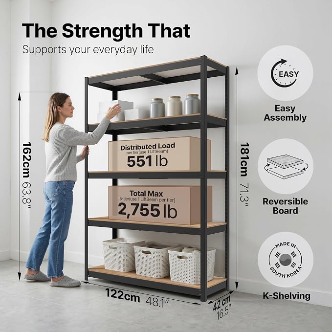 HOMEDANT House 48.1" W 5 Tier Heavy Duty Garage Shelving Adjustable Metal Rack Storage Shelves Standing Shelf Unit Organizers Industrial Warehouse Basement Black 1Pack - Image 2