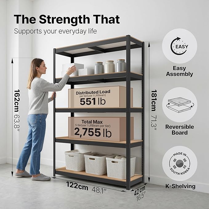 HOMEDANT House 48.1" W 5 Tier Heavy Duty Garage Shelving Adjustable Metal Rack Storage Shelves Standing Shelf Unit Organizers Industrial Warehouse Basement Black 2Pack - Image 2