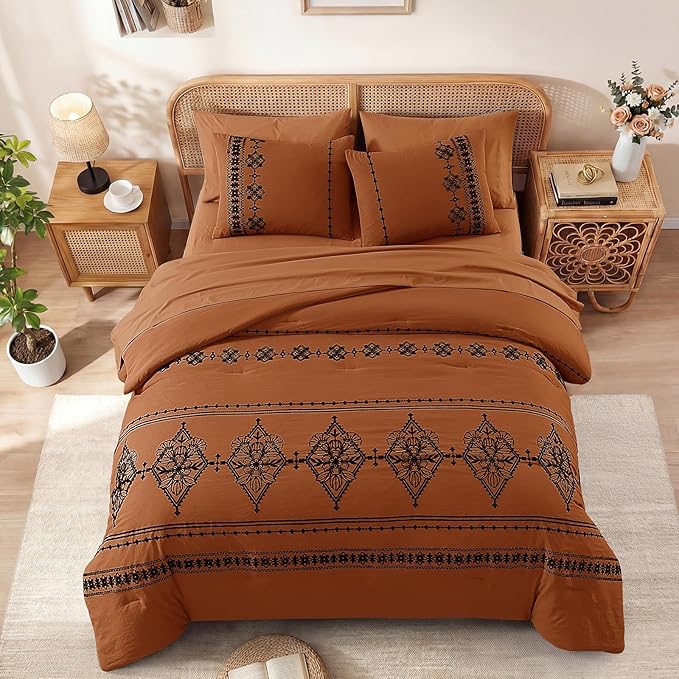 MaiRêve Full Size Comforter Set Burnt Orange, Embroidery Floral Western Boho Bedding Set, All Season 7 Pieces Bed in a Bag with Sheets, Pillowcases & Shams