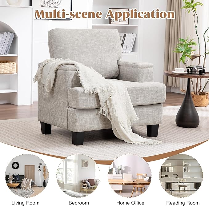 Accent Chairs Set of 2 with Armrest Storage, Modern Upholstered Reading Living Room Chair, Comfy Large Armchairs, Fabric Single Sofa Chair for Bedroom (Beige)