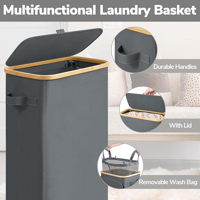 Goodpick Slim Laundry Basket with Wheels and Lid, 75L Rolling Dirty Clothes Hamper for Dorm Bathroom, Large Laundry Hamper with Bamboo Frame Removable Bag, 17" x 9.8" x 29.5", Gray - Image 5