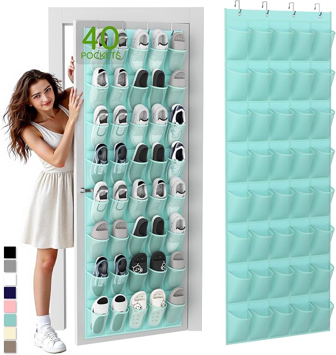 Unjumbly Over the Door Shoe Organizer with 40 Large Breathable Mesh Pockets, Space Saving Shoe Holder, Hanging Shoe Rack for Entryway Bedroom Closet Storage (Mint Blue, 40 Pockets) by Unjumbly