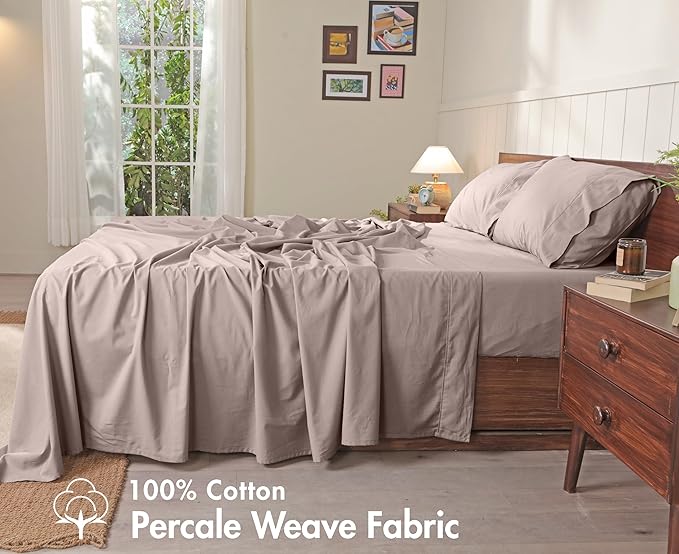 RUVANTI 100% Cotton Sheets – Twin Size Percale Bedding, Cooling & Breathable, Durable with a Crisp, Soft & Comfortable Feel, 16" Deep Pocket, 3-Piece Set, Warm Mocha