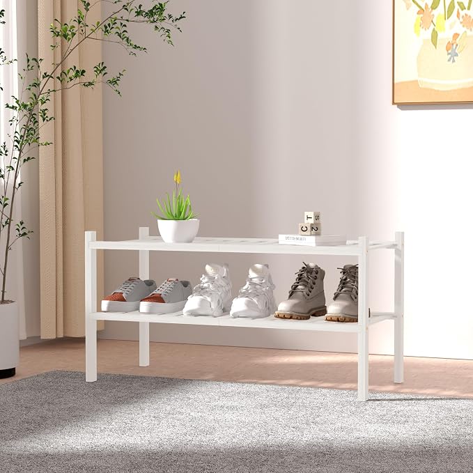 ROMGUAR CRAFT 2 Tier Bamboo Shoe Rack for Closet Free Standing Wood Shoe Shelf for Entryway Small Space Stackable 27"x11"x13" (White) - Image 2
