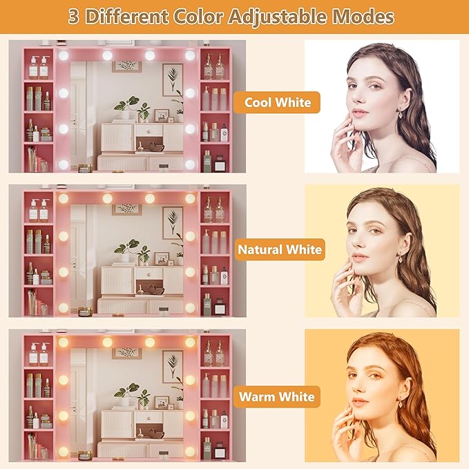 HUANLEGO Pink Vanity Desk with Mirror and Lights, Glass Top Vanity with Lighted Mirror & RGB Glass Cabinet and 3 Drawers, Makeup Vanity Desk with Lights Dressing Table for Bedroom, 3 Color Modes