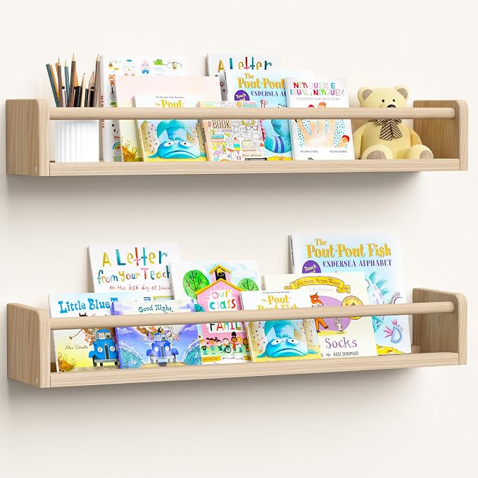 upsimples 2 Pack Nursery Book Shelves, 23.6 Inch Floating Bookshelves for Wall, Baby Nursery Decor, Small Solid Wood Wall Mounted Shelves for Baby Kids Boys Girls, Natural by upsimples