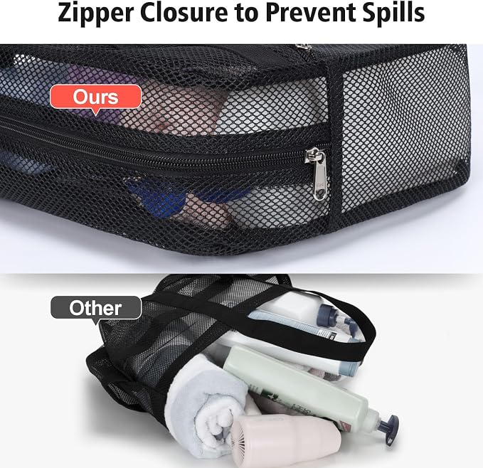 F-color Mesh Shower Caddy Portable with Zipper -Dorm Room Essentials for Guys Girls with S Hook, Shower Bag Basket Tote for College Camping Toiletry Bathroom, Black - Image 2