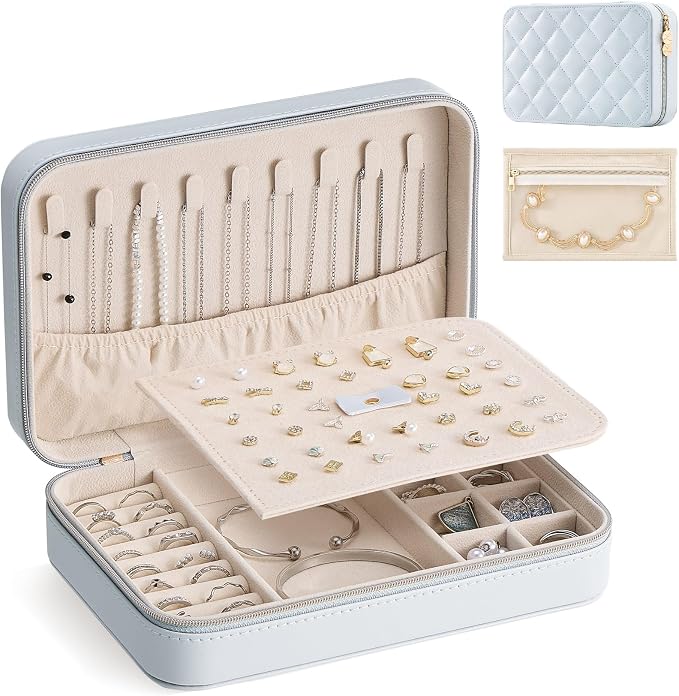 Lolalet Travel Jewelry Case for Women Girls, PU Leather Jewelry Organizer with Clear Storage Bag Small Portable Jewelry Box for Necklace Bracelet Earring Ring Mothers Day Birthday Gifts -Large/Blue by Lolalet