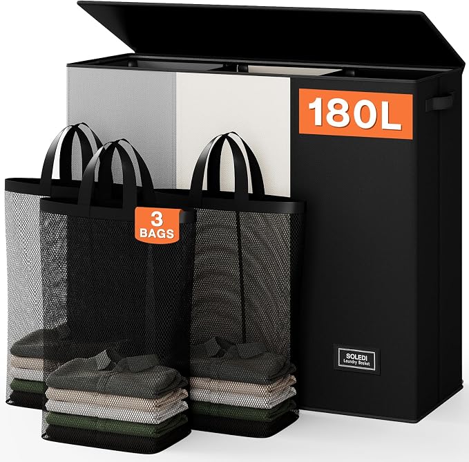 SOLEDI Laundry Hamper 3 section with lid and 3 Pcs Bag, Large Hamper 3 compartment 180L, Laundry Basket Laundry sorter Clothes hamper for Laundryroom Bedroom Blanket Storage Organizer by SOLEDI