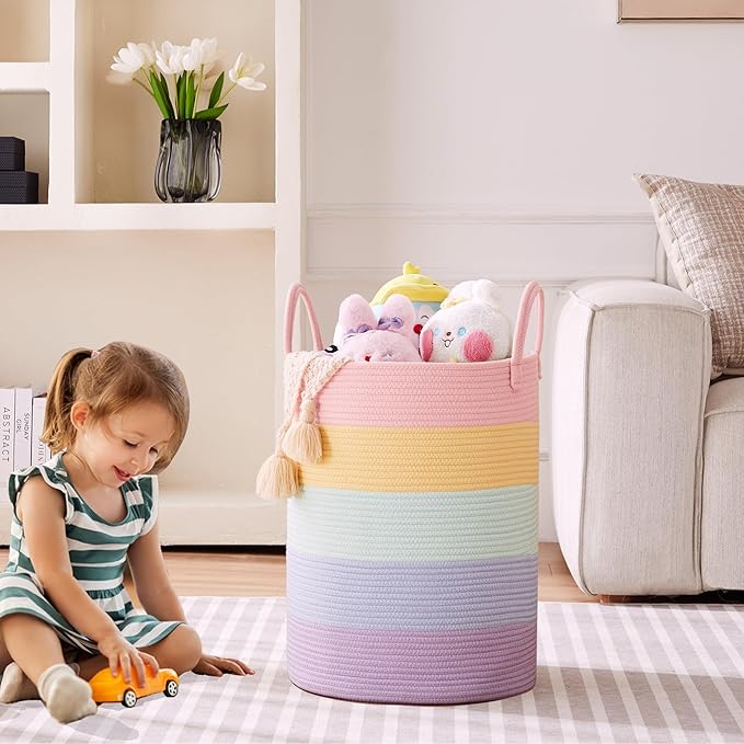 15Dx20H inches Large Baby Girls Kids Hamper Rainbow Laundry Basket for Nursery Clothes Pastel Unicorn Woven Hamper Tall Blanket Basket in Playroom Bedroom 62L - Image 3