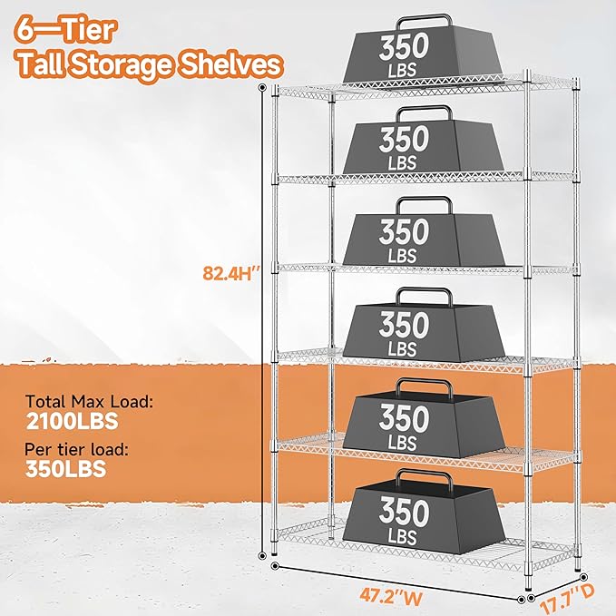 M MZG 6 Tiers Storage Shelves Load 2100LBS, Metal Shelving Wire Metal Shelving Unit Shelves for Storage Adjustable Garage Shelving for Pantry Kitchen Garage Chrome 17.7" D x 47.3" W x 82.4" H - Image 3