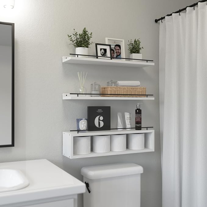 WOPITUES Floating Shelves for Wall 24 inch with Cube Shelf, Wall Shelves with Metal Rail for Bathroom Decor, Bathroom Organizers and Storage, Over Toilet Shelves, Toilet Paper-White - Image 5