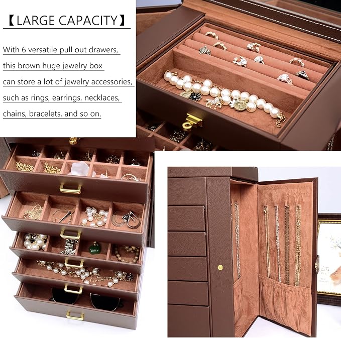 AKOZLIN Extra Large 6-Tier Jewelry Box Organizer with Mirror, 5 Drawers Leather Jewelry Storage Case for Women Girls Ring Necklace Earring Bracelet Brown - Image 4