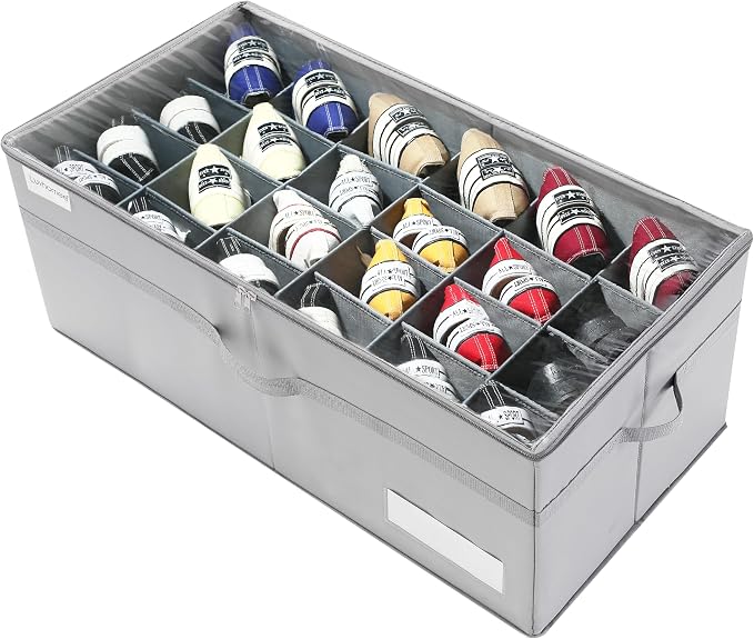 LUVHOMEE Shoe Organizer for Closet, Fits 24 Pairs, Large Shoe Box Storage Containers, Clear Foldable Shoe Storage Bins w/Bottom Support, Space Saving Closet Shoes Holder w/Reinforced Handles, Gray by Luvhomee