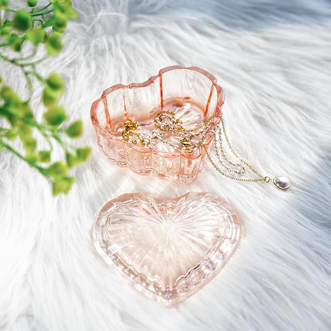 kanpura Glass Heart Shaped Jewelry Box Candy Dish with Lid Ring Earring Trinket Storage Box Vintage Jewelry Organizer Decorative Jar Christmas Gift for Women Girls(Pink) - Image 9