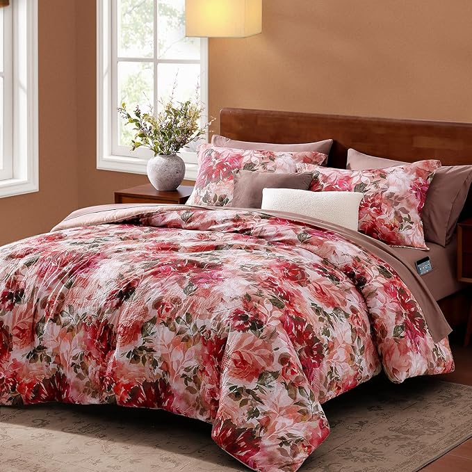 CASAAGUSTO King Comforter Set, 7 PCS Red Rose Floral Comforter Set with Flowers Leaves Pattern, Soft Seersucker Design All Season King Size Bedding Set(102"X90")
